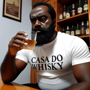 Foto de um homem de pele negra em um ambiente caseiro, segurando um copo de uísque e pensando profundamente sobre as implicações calóricas da bebida. Ele veste uma camiseta que destaca a palavra 'casadowhisky'.