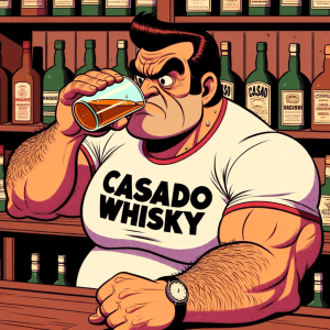 Desenho animado de um homem de pele morena em um bar, bebendo uísque com uma expressão preocupada. Ele contempla as calorias enquanto sua camiseta destaca 'casadowhisky'.